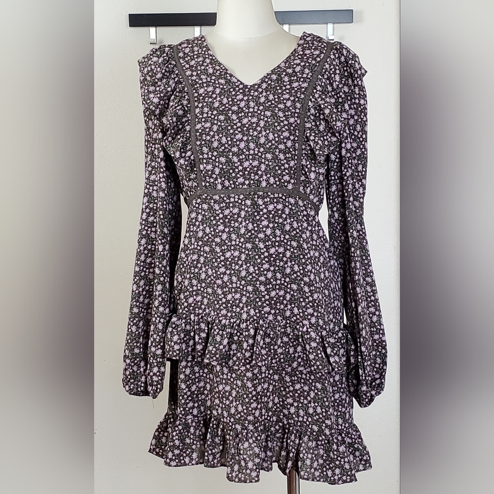 Petal Dew Floral Long Sleeve Dress • Brown • L